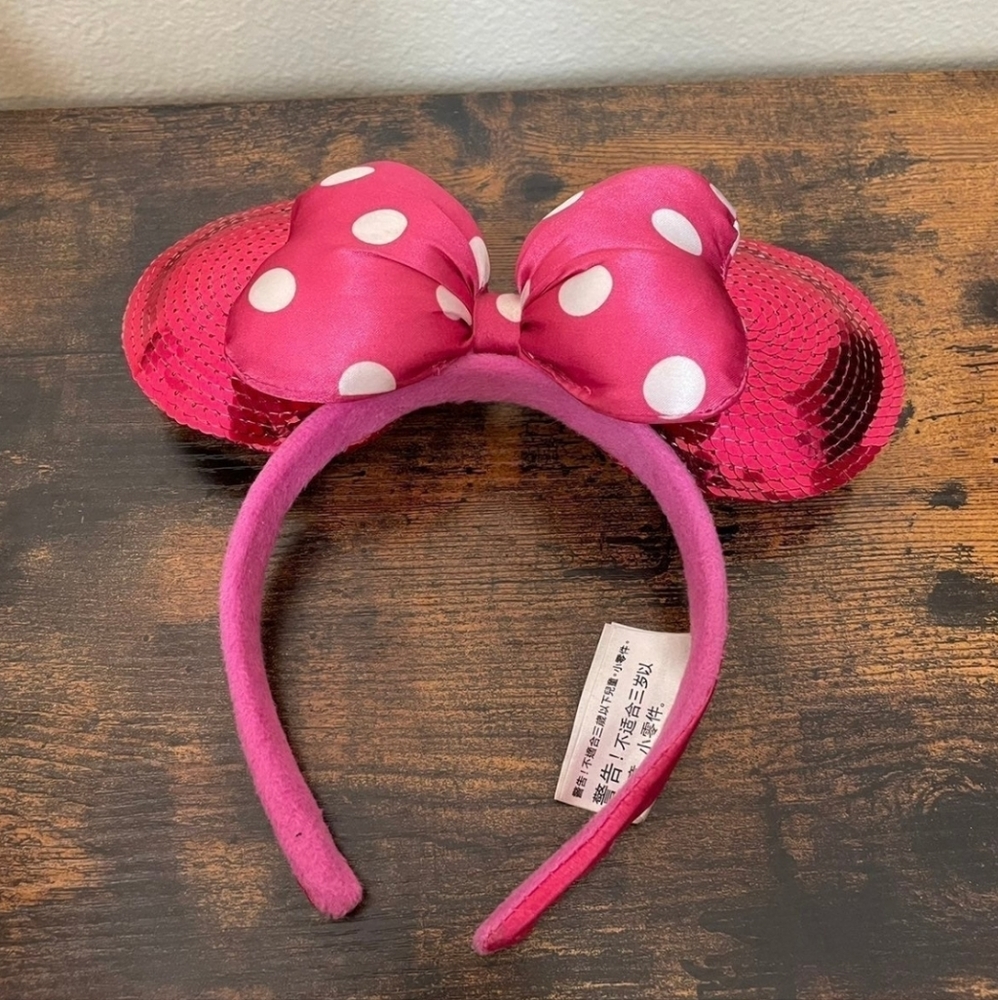 Disney Parks Exclusive MINNIE MOUSE Ear Adult Polka Dot Bow Pink SEQUIN Headband